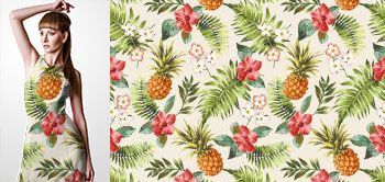 09003v Materiał ze wzorem malowane ananasy, tropikalne liście i kwiaty (hibiskus, plumeria) w stylu akwareli